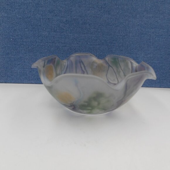 VINTAGE SMALL REUVEN RUFFLED EDGE ART GLASS BOWL & PLATE WATERCOLOR SATIN FINISH - Picture 3 of 12